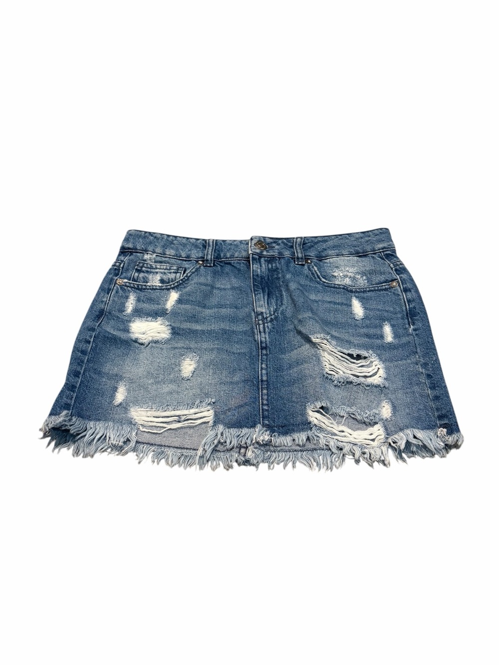 WE THE FREE distressed denim mini skirt